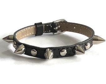 8mm Spike Studded Leather Bracelet Wristband, 8mm Flat Black Leather Buckle Bracelet Wristband With Spike Studs, Spiked Flat Leather