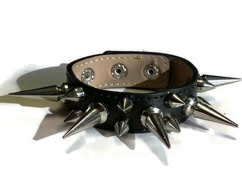 Black Leather Spiked Cuff Bracelet, Punk Rock Wristband, Gothic, Studded, Edgy Leather Wristband, Alternative Jewelry Gift