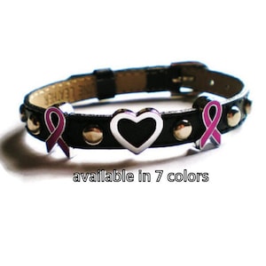 Leather Breast Cancer Awareness Bracelet Breast Cancer Charm Bracelet Genuine Black Leather Studded Breast Cancer Bracelet image 1