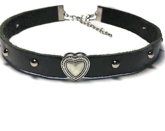 Black Leather Heart Choker: Studded Punk Gothic Collar