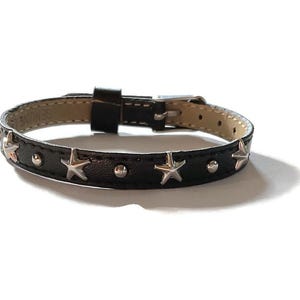 Star Studded Black Leather Bracelet: Adjustable Buckle Wristband
