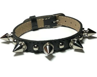 Spike Studded Leather Bracelet Wristband, 10mm Flat Black Leather Buckle Bracelet Wristband With Spike Studs, Spiked Flat Leather