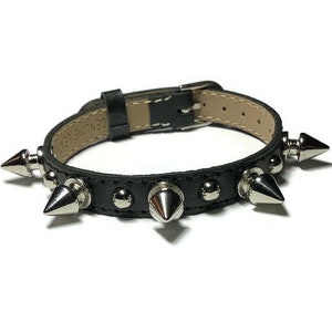 Spike Studded Leather Bracelet Wristband, 10mm Flat Black Leather Buckle Bracelet Wristband With Spike Studs, Spiked Flat Leather