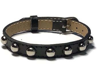 10mm Black Studded Leather Bracelet  -  Silver Studded Black Wristband - 10mm Black Leather Wristband