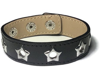 Silver Star Eyelet Studded Leather Cuff, Grommet Studded Black Leather Bracelet - Leather Bracelet - Studded Black Leather Bracelet Cuff