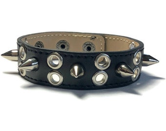 Spike And Eyelet Studded Black Leather Cuff, Grommet Spike Black Leather Bracelet - Leather Bracelet - Studded Black Leather Bracelet Cuff