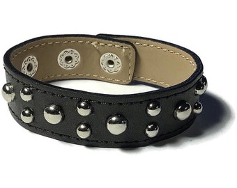 Studded Black Leather Cuff Bracelet: Adjustable Snap Closure