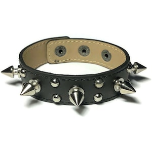 Black Leather Spike Bracelet: Punk Goth Biker Studded Cuff