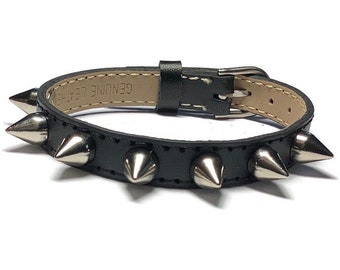 10mm Spike Studded Leather Bracelet Wristband, 10mm Flat Black Leather Buckle Bracelet Wristband With Spike Studs, Spiked Flat Leather