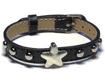 Star Bracelet - Studded Genuine Leather Star Buckle Bracelet - Star Slide Charm Bracelet - Goth Jewelry