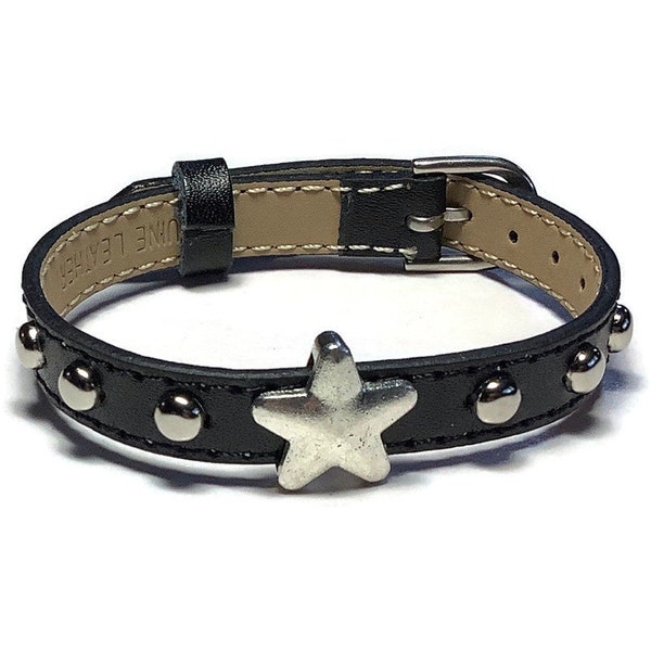 Star Bracelet - Studded Genuine Leather Star Buckle Bracelet - Star Slide Charm Bracelet - Goth Jewelry