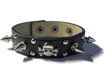 Skull Studded Black Leather Wristband - Black Leather Skull Bracelet - Leather Bracelet - Studded Black Leather Bracelet Cuff
