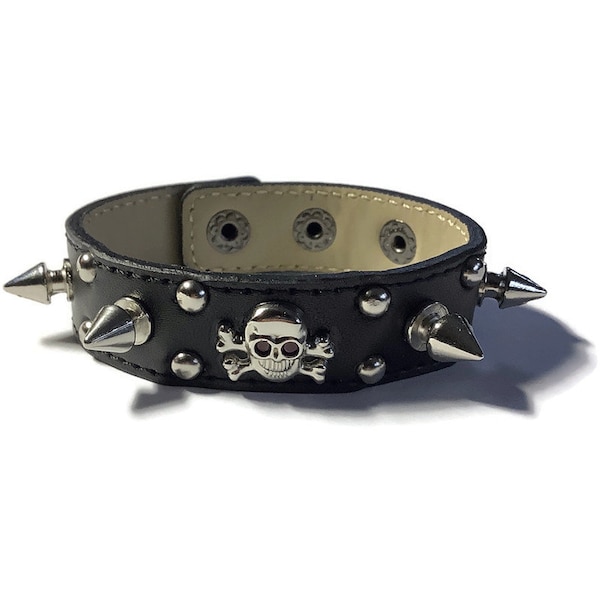 Skull Studded Black Leather Wristband - Black Leather Skull Bracelet - Leather Bracelet - Studded Black Leather Bracelet Cuff