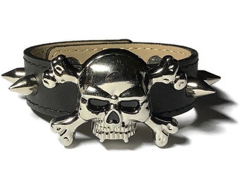 Large Skull Studded Black Leather Cuff, Black Leather Skull Bracelet - Leather Bracelet - Studded Black Leather Bracelet Cuff