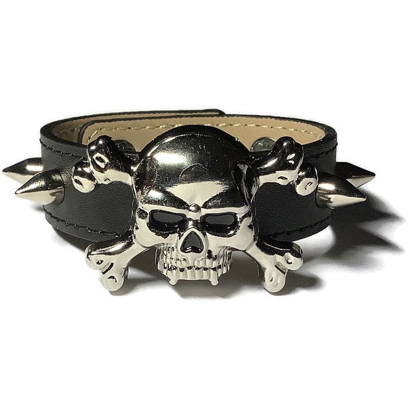 Large Skull Studded Black Leather Cuff, Black Leather Skull