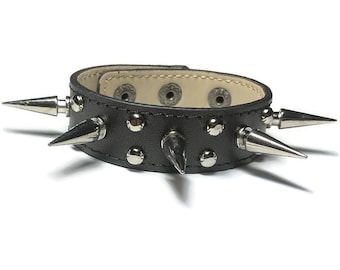 Black Leather Spiked Bracelet – Punk Rock Goth Studded Wristband, Adjustable Unisex Cuff