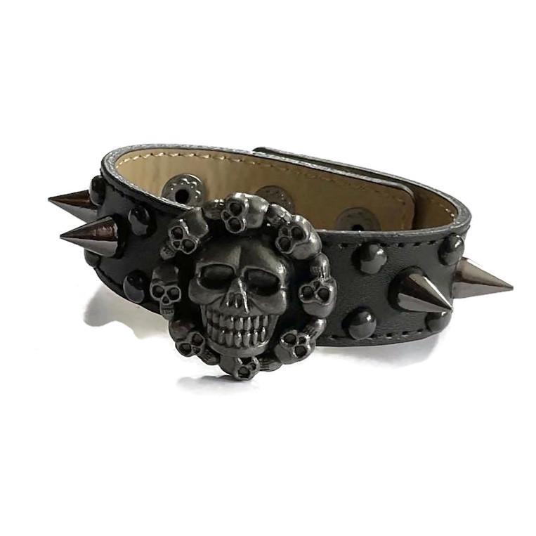 Antique Silver Skull Head Studded Black Leather Cuff, Black