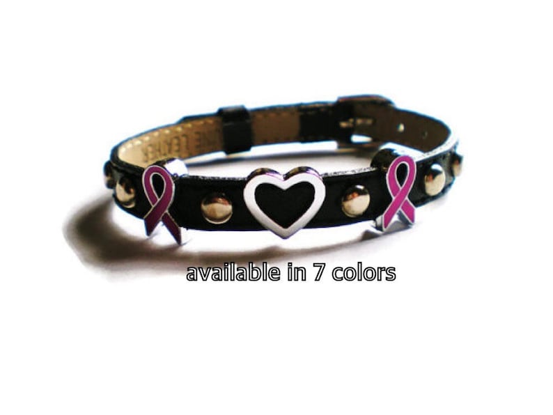 Leather Breast Cancer Awareness Bracelet Breast Cancer Charm Bracelet Genuine Black Leather Studded Breast Cancer Bracelet image 1