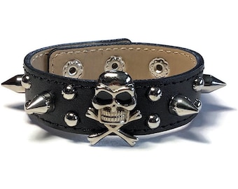 Skull Studded Black Leather Cuff, Black Leather Skull Bracelet - Leather Bracelet - Studded Black Leather Bracelet Cuff