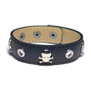 Eyelet Studded Skull Black  Leather Cuff, Skull And Grommet Leather Cuff Bracelet - Leather Bracelet - Studded Black Leather Bracelet Cuff