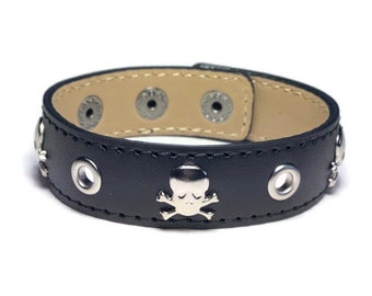 Eyelet Studded Skull Black  Leather Cuff, Skull And Grommet Leather Cuff Bracelet - Leather Bracelet - Studded Black Leather Bracelet Cuff