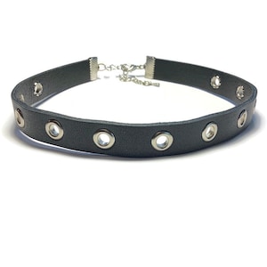 Black Leather Eyelet Choker: Thin Punk Rocker Necklace