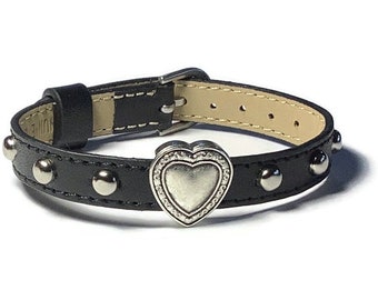 Black Leather Heart Charm Wristband: Studded Punk Gothic Bracelet