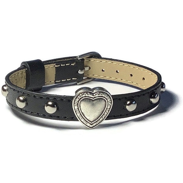 Heart Bracelet - Studded Genuine Leather Heart Buckle Bracelet - Heart Slide Charm Bracelet - Goth Jewelry