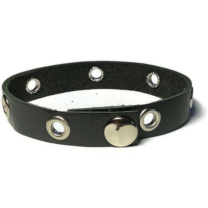 Soft Studded Black Leather Bracelet Silver Grommet Studded Black Wristband 10mm Black Leather Wristband image 3