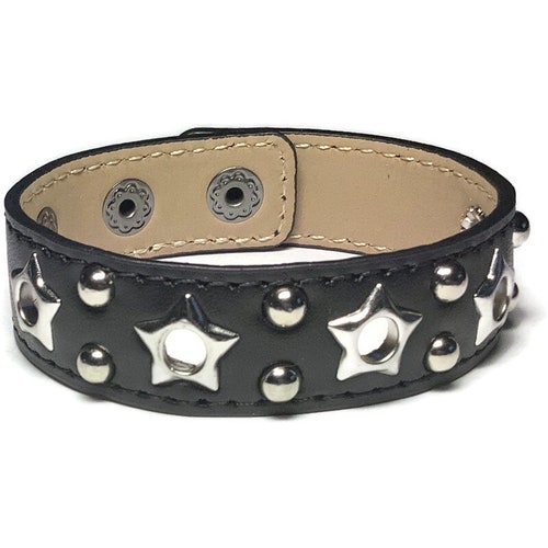 Silver Star Eyelet Studded Leather Cuff, Grommet Studded Black Leather Bracelet - Leather Bracelet - Studded Black Leather Bracelet Cuff