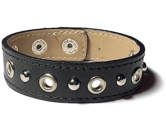 Eyelet Studded Black Leather Cuff, Grommet Studded Black Leather Cuff Bracelet - Leather Bracelet - Studded Black Leather Bracelet Cuff