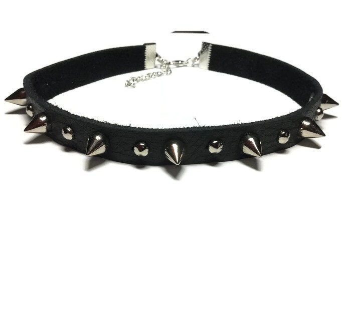 Spiked Black Leather Choker, Black Choker, Punk Choker, Rocker Choker…