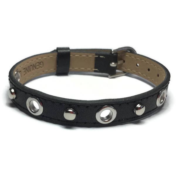 Eyelet Studded Black Leather Bracelet  -  Silver Studded Black Wristband - 10mm Black Leather Wristband