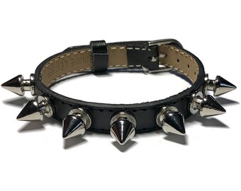Spike Studded Black Leather Wristband: Goth Punk Bracelet