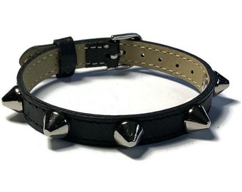 Blunt Spike Studded Leather Bracelet Wristband, 10mm Flat Black Leather Buckle Bracelet Wristband With Spike Studs, Spiked Flat Leather