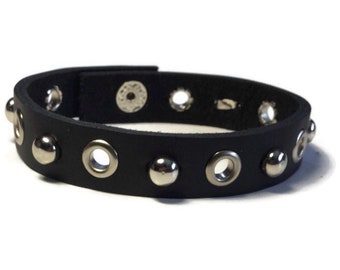 Studded Matte Black Leather Bracelet – Silver Grommet Wristband
