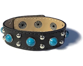 Leather Cuff, Studded Wristband, Blue Turquoise Studded Leather Wide Cuff Bracelet - Leather Bracelet - Studded Black Leather Bracelet Cuff