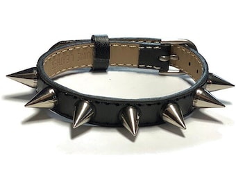 Black Spike Studded Leather Bracelet Wristband, 10mm Flat Black Leather Buckle Bracelet Wristband With Spike Studs, Spiked Flat Leather