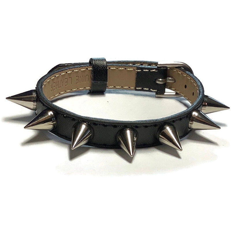 Gothic Emo Grunge Punk Rock Wide Leather Spiked Bracelet - Silver Spik –  Skelapparel