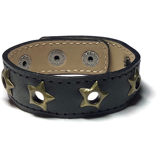 Star Eyelet Studded Black Leather Cuff, Grommet Studded Black Leather Bracelet - Leather Bracelet - Studded Black Leather Bracelet Cuff