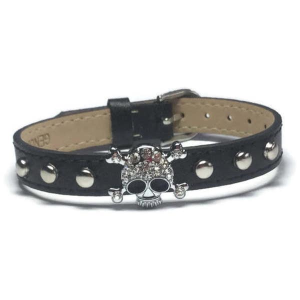 Skull Bracelet - Studded Genuine Leather Bling Skull Buckle Bracelet - Skull Slide Charm Bracelet - Goth Jewelry