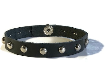 Soft Studded Leather Bracelet  -  Silver Studded Black Wristband - 10mm Black Leather Wristband