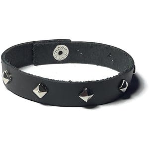Soft Pyramid Studded Black Leather Bracelet  -  Silver Studded Black Wristband - 10mm Black Leather Wristband
