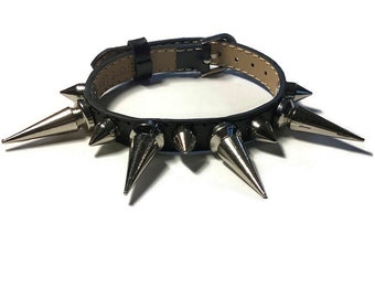 Super Spike Studded Leather Bracelet Wristband, 10mm Flat Black Leather Buckle Bracelet Wristband With Spike Studs, Spiked Flat Leather