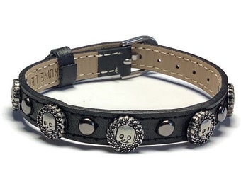 Gunmetal Skull Bracelet - Studded Genuine Leather Skull Buckle Bracelet - Skull Bracelet - Goth Jewelry
