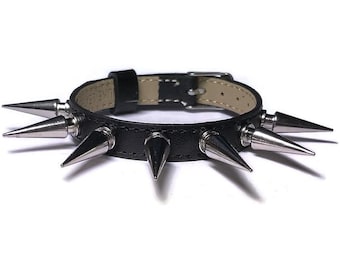 Black Leather Spiked Wristband: Punk Goth Biker Cuff