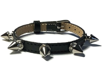 Spike Studded Black Leather Bracelet: Adjustable Punk Wristband