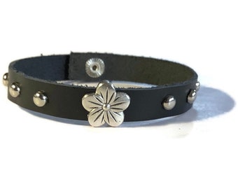 Soft Studded Black Leather Flower Bracelet  -  Silver Studded Black Wristband - 10mm Black Leather Wristband