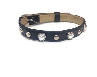 Pearl Heart Studded Leather Buckle Bracelet Wristband - Studded Heart Bracelet - Studded Black Leather Adjustable Wristband
