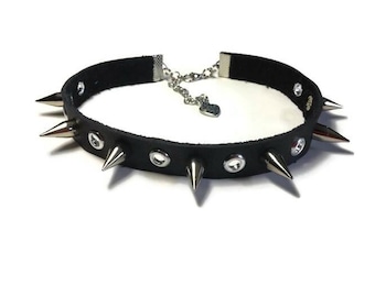 Spike and Grommet Black Leather Choker: Punk Gothic Collar